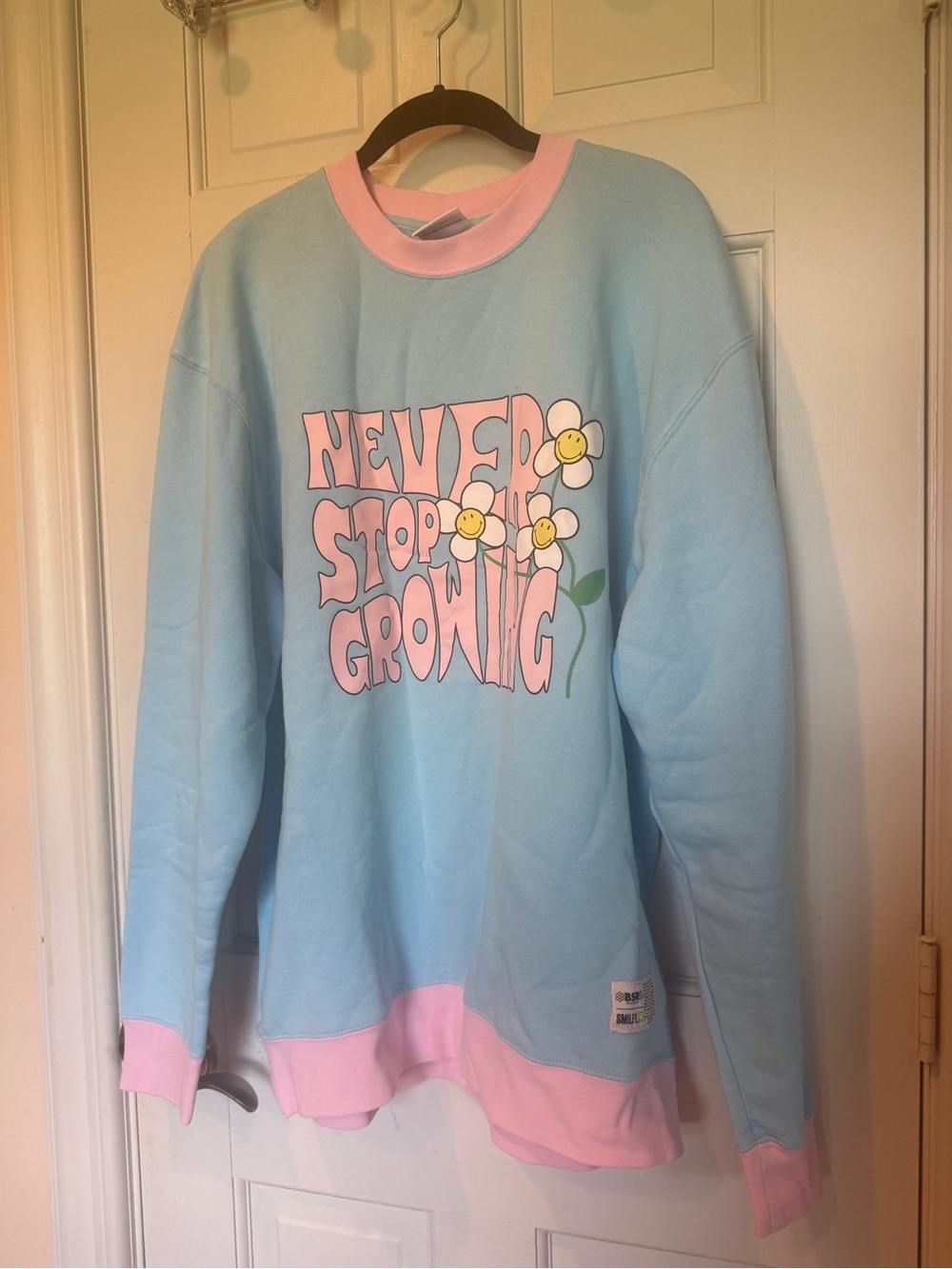 Never Stop Growing Pastel Blue & Pink Graphic Crewneck Sweatshirt